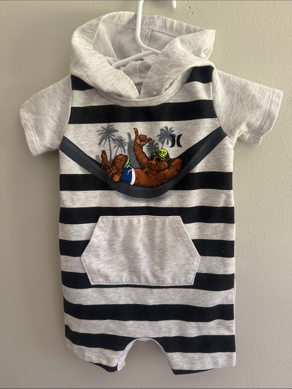Hurley Gray and Black Striped Hooded Baby One-Piece